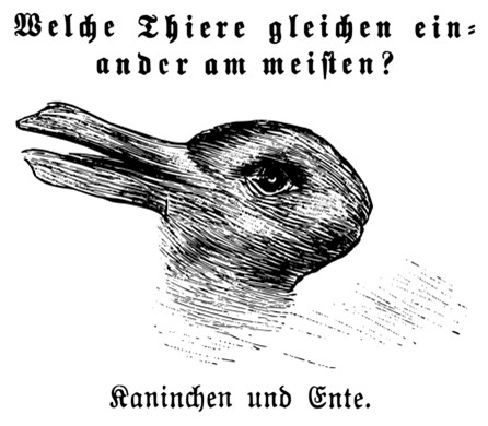 A cartoon etching of a duck that looks like a rabbit.