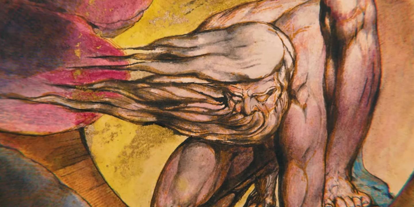 William Blake's illustration of God squatting down to create with his hair and beard blown to one side