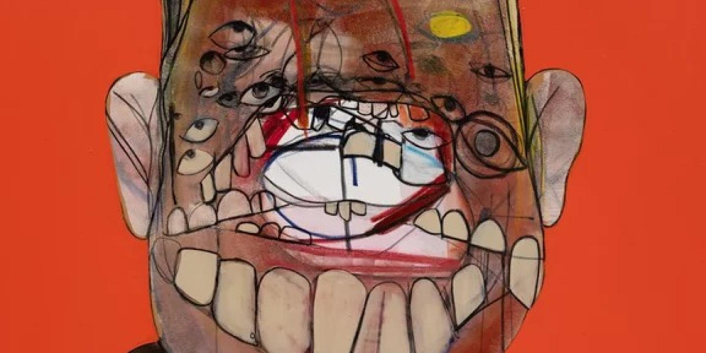 AN experessionist painting shows a face with a large open smile and many eyes.