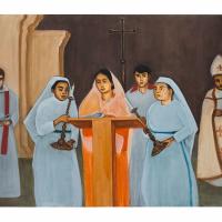 a painting shows Bengali celebrants of a Eucharist.