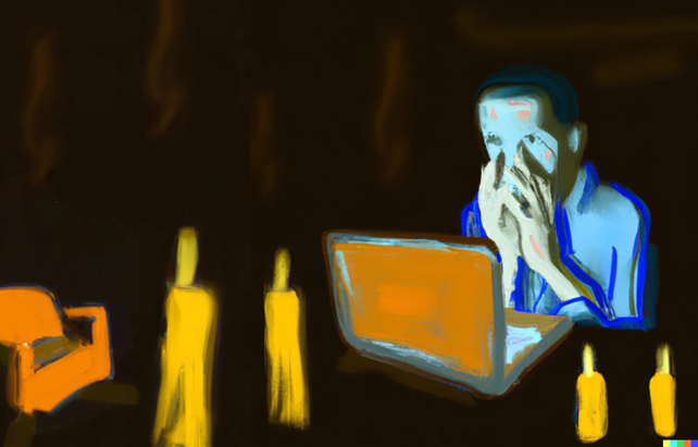 An AI-created painting of a scene comprising a lap top user holding their face, with candles in the foreground