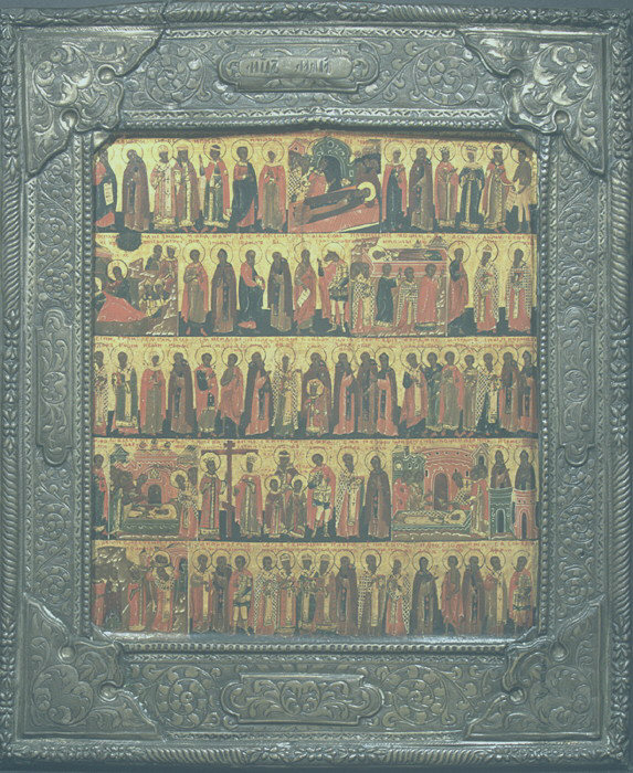 A ancient illustration showing five rows of saints in profile on a book cover.