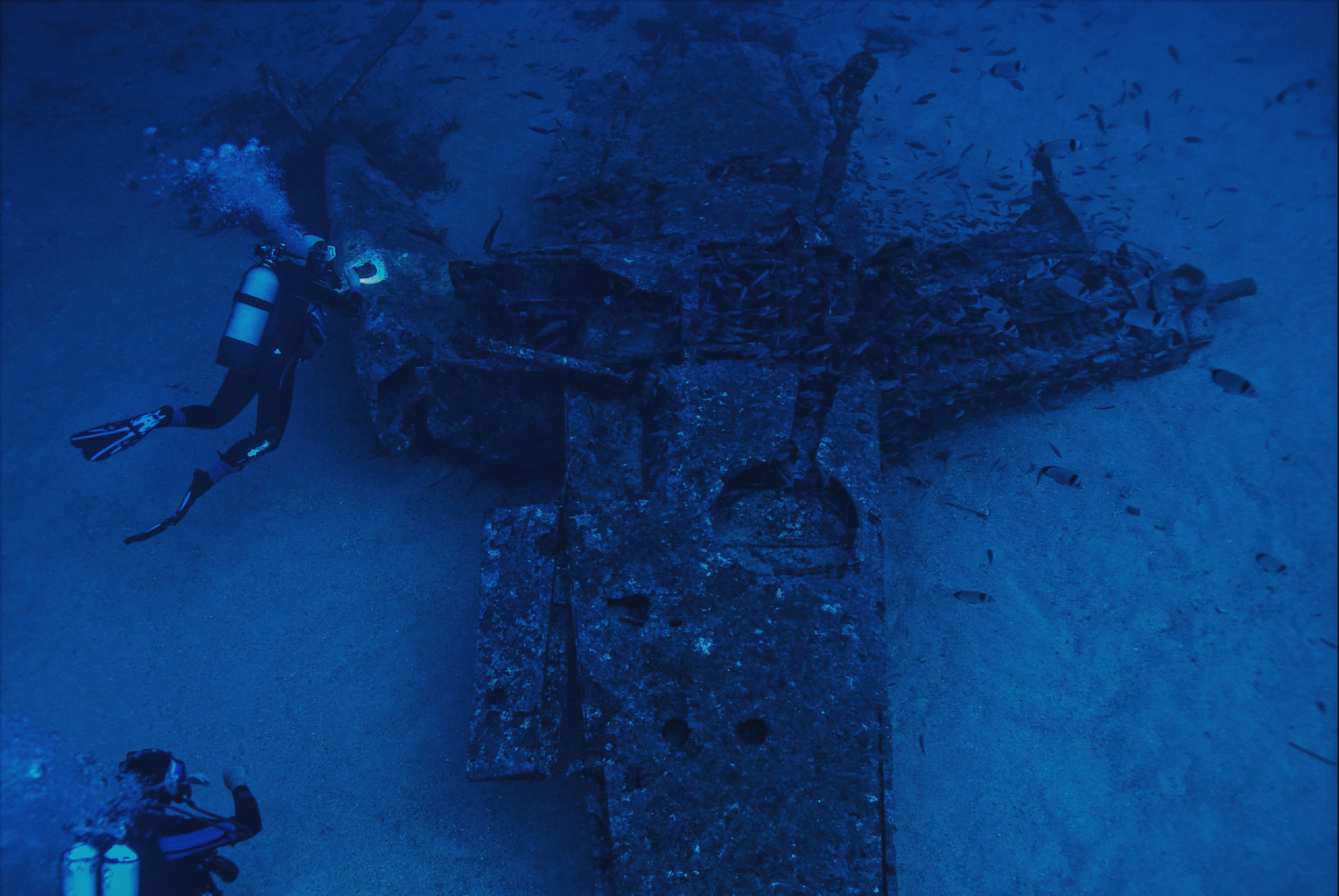 A diver swims above a crashed plane lying on the sea bed.