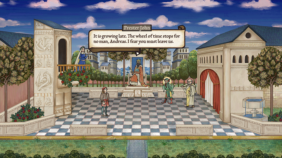 A screen grab of a video game showing a chequered floor amidst classical architecture, with player figures.