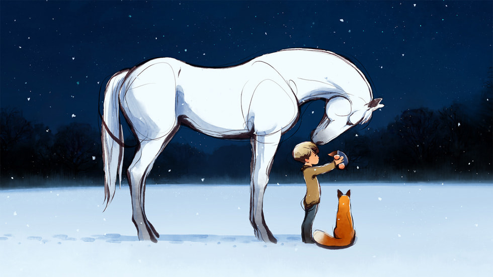 An illustration showing a horse standing, sniffing a mole held by a boy while a seated fox looks on.