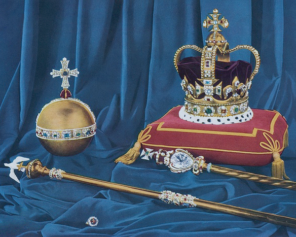 A crown, orb and sceptre rest on velvet cushions.