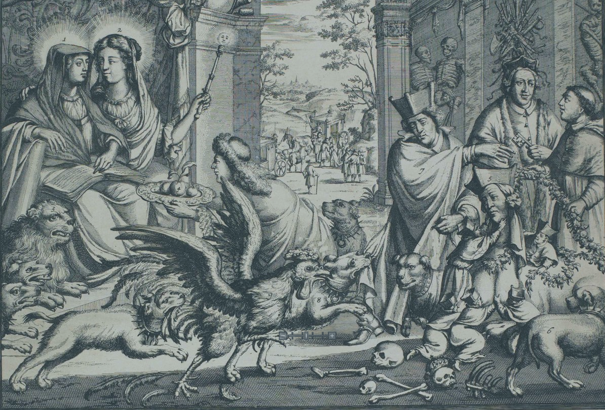 an etching shows William and Mary is a classical scene, priests stand to their right while dogs chew bones at their feet.