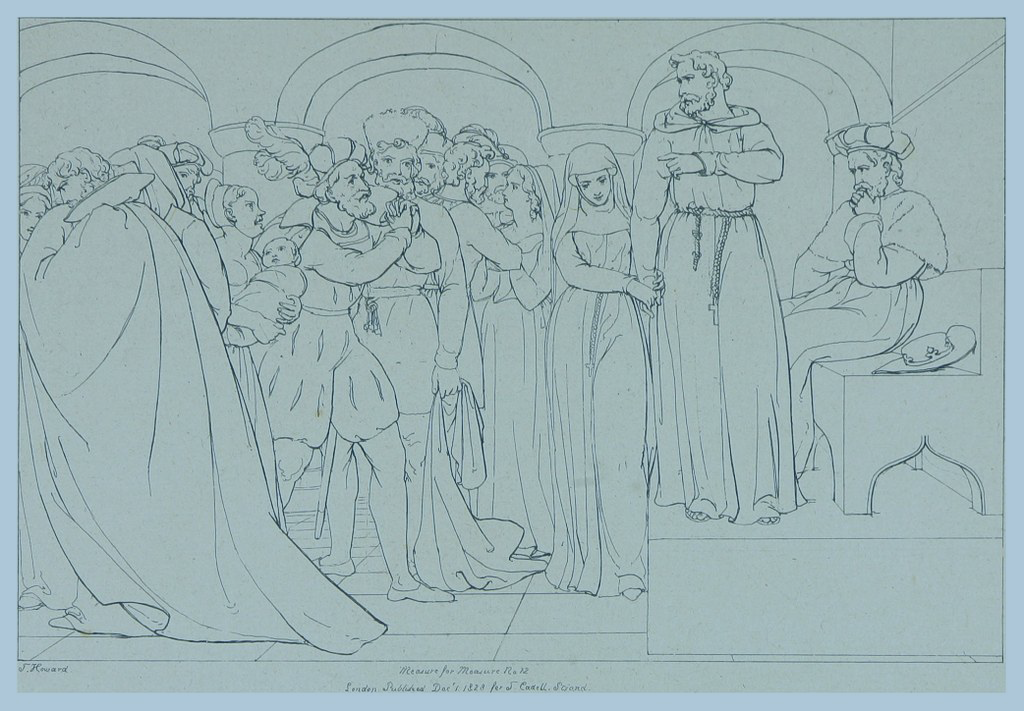 A line illustration of a theatrical play scene showing a crowd waiting on standing and sitting judges to make a decision