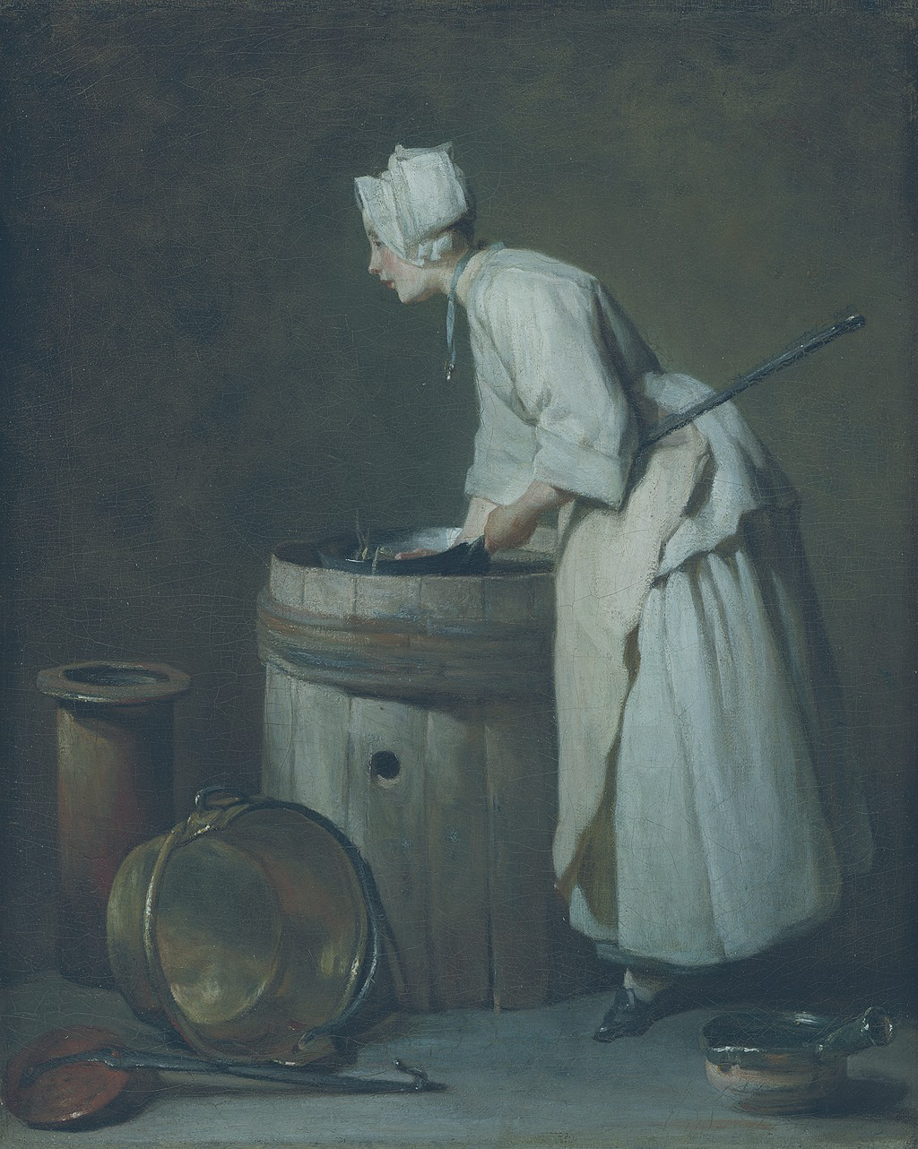 A painting of an 18th Century servant bent over a washing tub.