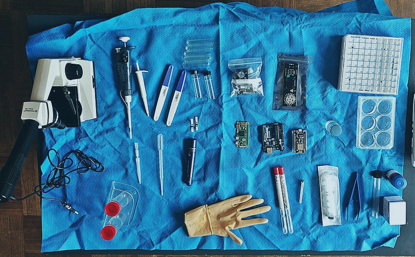 A plastic sheet strewn with biology-related instruments.