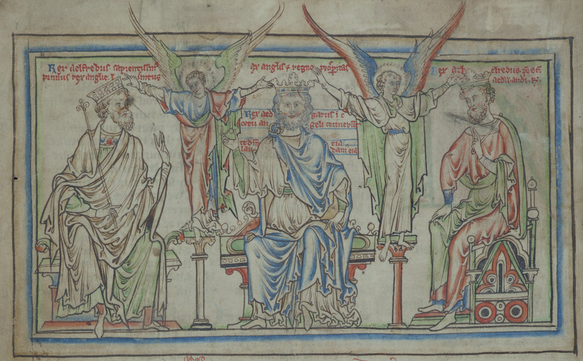 A medieval illustration of King Edgar's coronation shows him between his predecessor and successor, while angels hover above him.