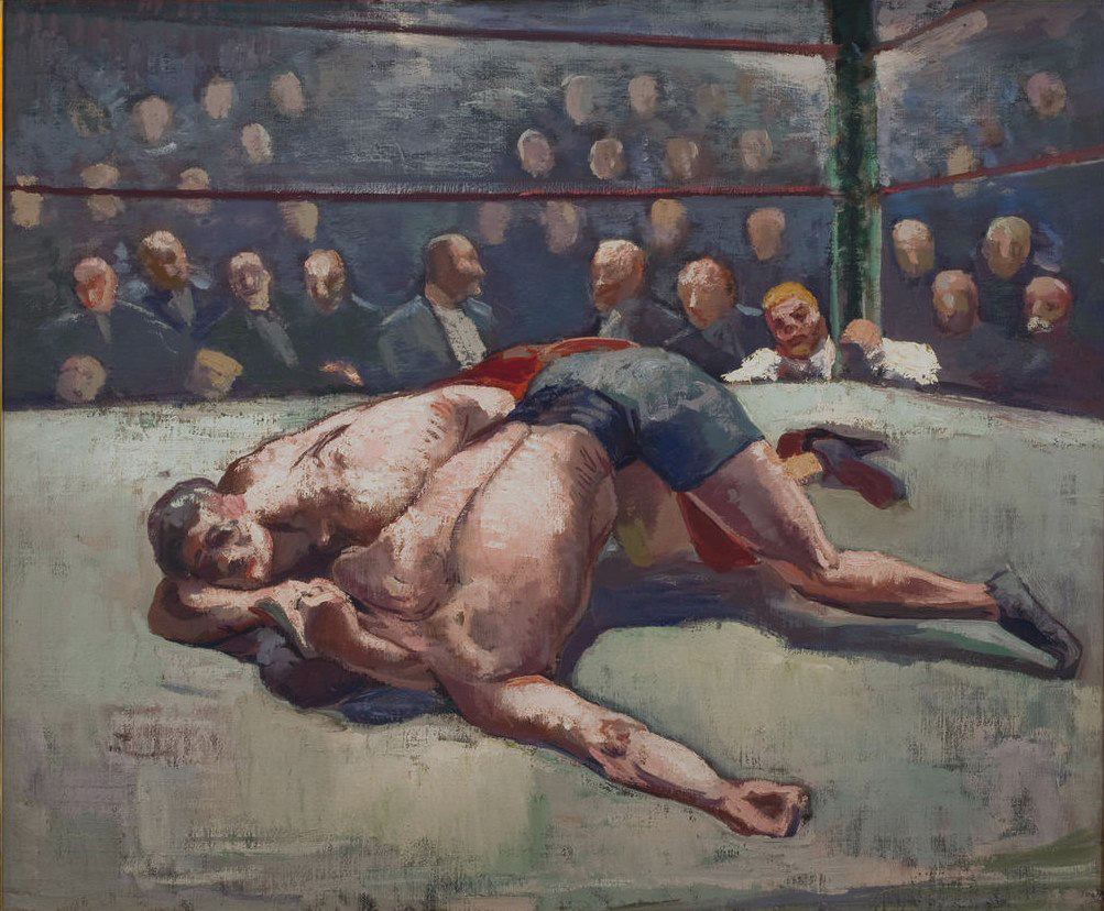 A painting depicts two wrestlers on the ring mat, watched by eager fans.
