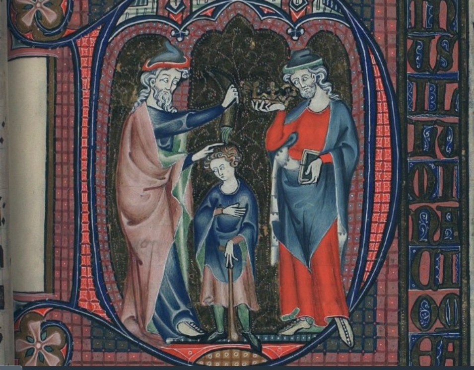 A medieval illustration of King David being anointed by Samuel