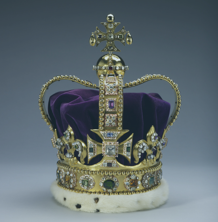 A crown of gold with purple cloth and an orb and cross.