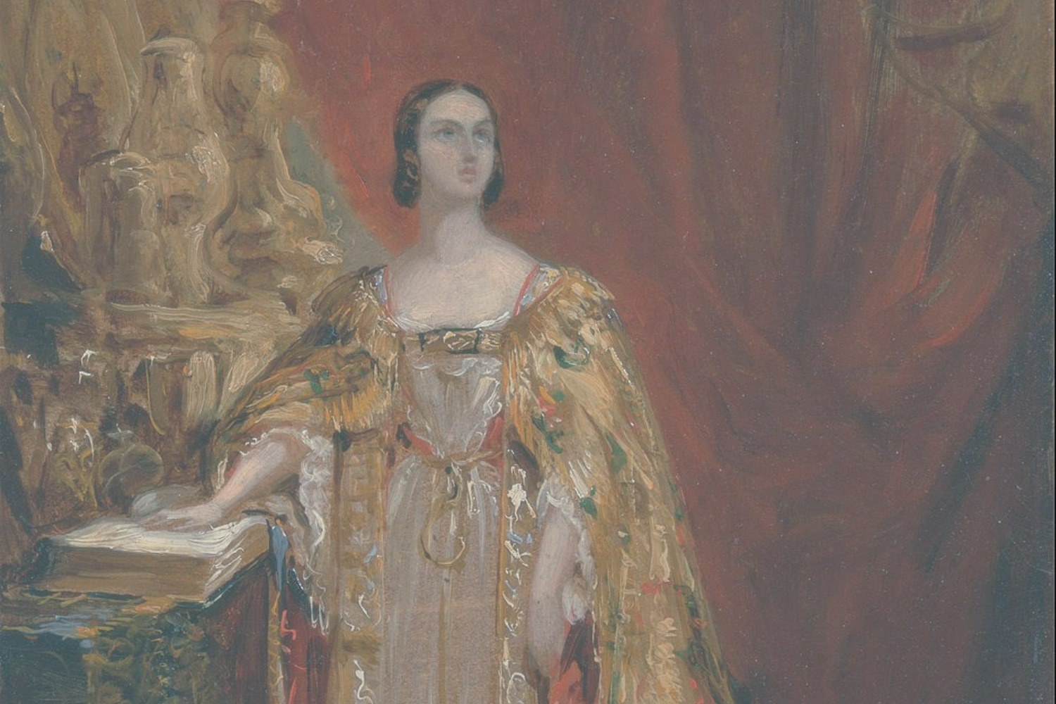 A painting shows a young Queen Victoria, in her coronation dress, resting one hand on the bible, taking her oaths