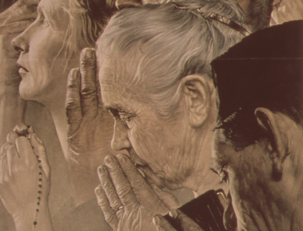 A montage of people praying with hands held together.