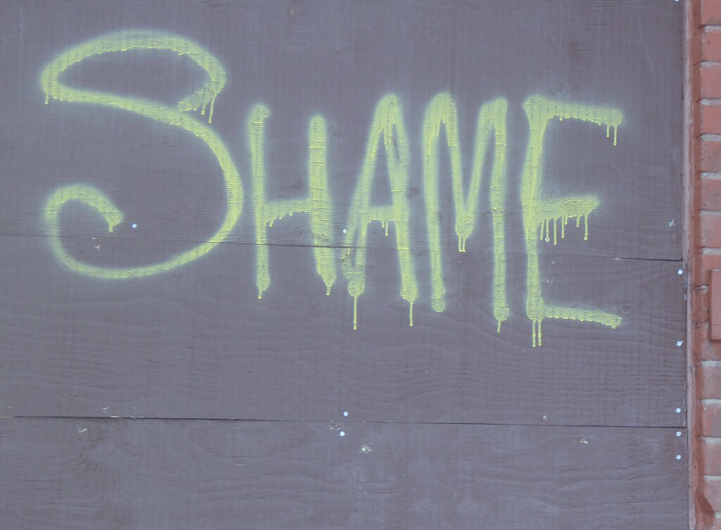 The word 'SHAME' spray painted onto a grey hoarding in lime green paint.