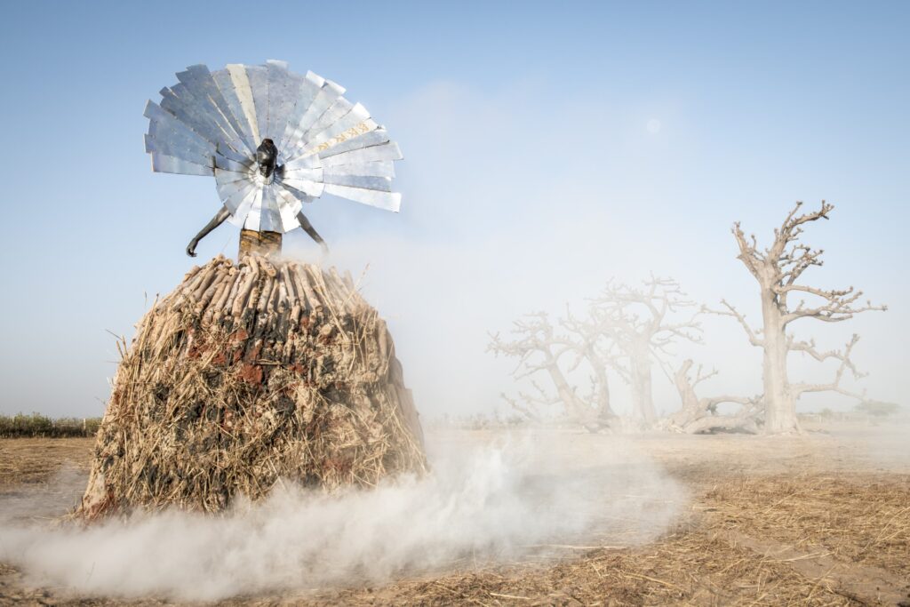 A photo-realistic work of art depicting a fiigure raised on fire wood wearing a colour of large metal rays, against a desertifying landscape of dead trees.