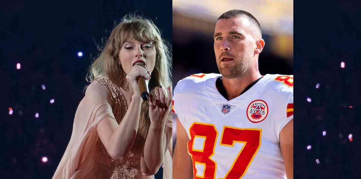 A montage shows Taylor swift leaning and singing into a microphone. And, Travis Kelce in his team's kit.