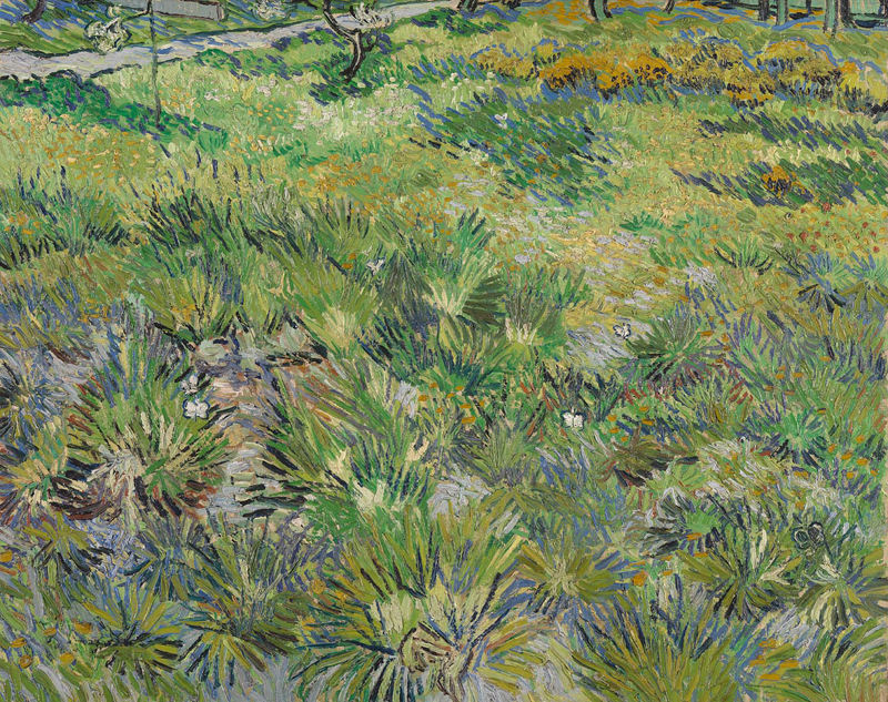A Van Gogh painting of grass tufts of green, yellow, lavender, grey and other colours.