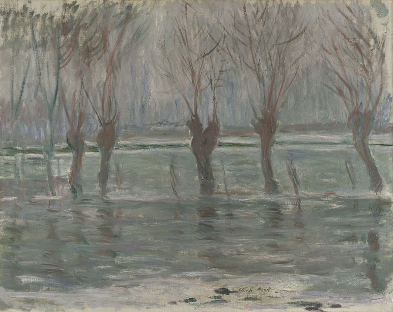 A Monet painting of a flood with bare trees emerging from the grey water.