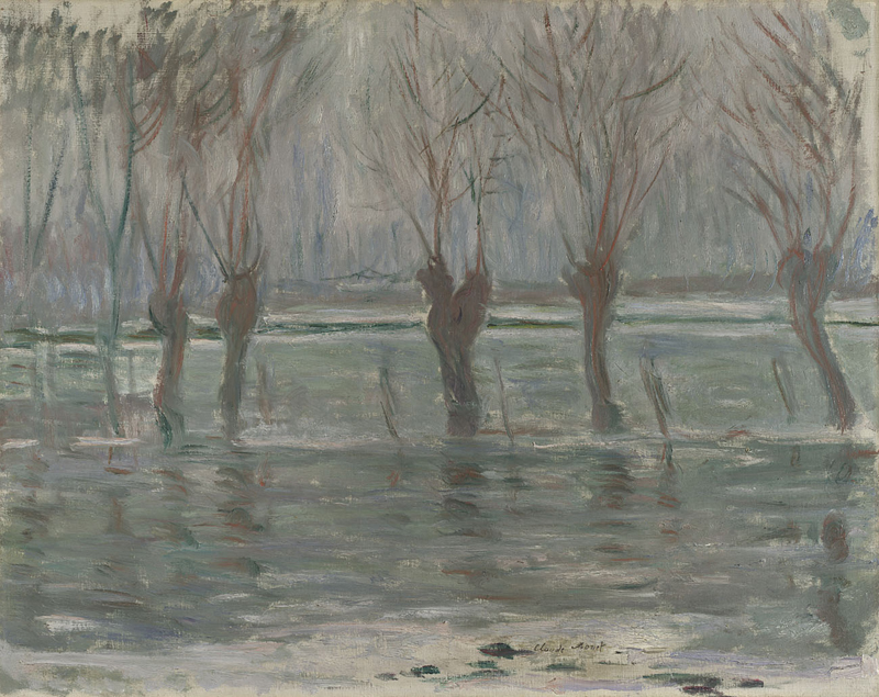 A Monet painting of a flood with bare trees emerging from the grey water.