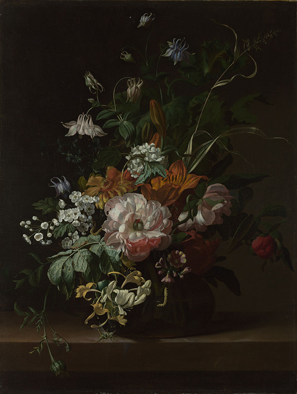 A 17th century style painting of flowers in a vase against a dark background