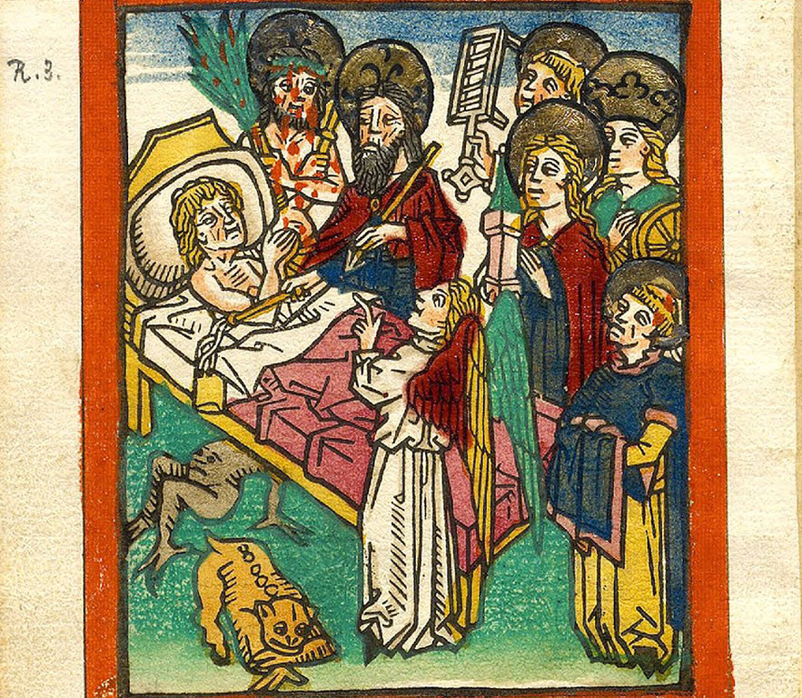 A medieval book illustration of a person dying in bed.