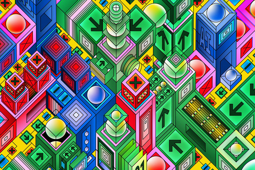 A abstract grid of colourful cubes with arrows, crosses and cubes, viewed from above and at an angle