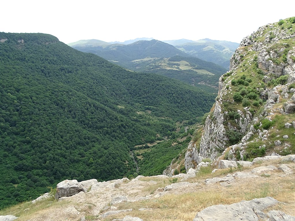 A view down a valley from a ridge.
