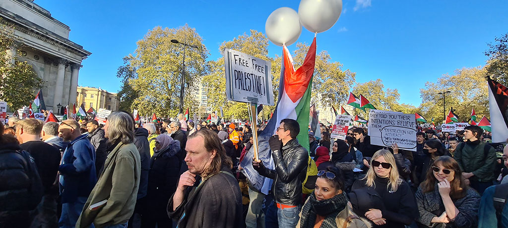 A crowd of people on a protest march file down the street in one directions.