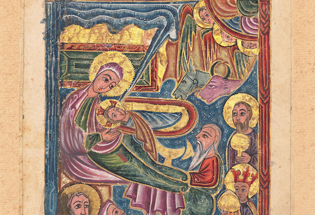 A nativity scene in bold colours in an illumination style.