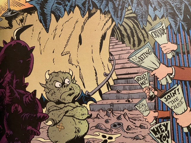 A comic book style cartoon of a small squat devil looking quizzed in hell.