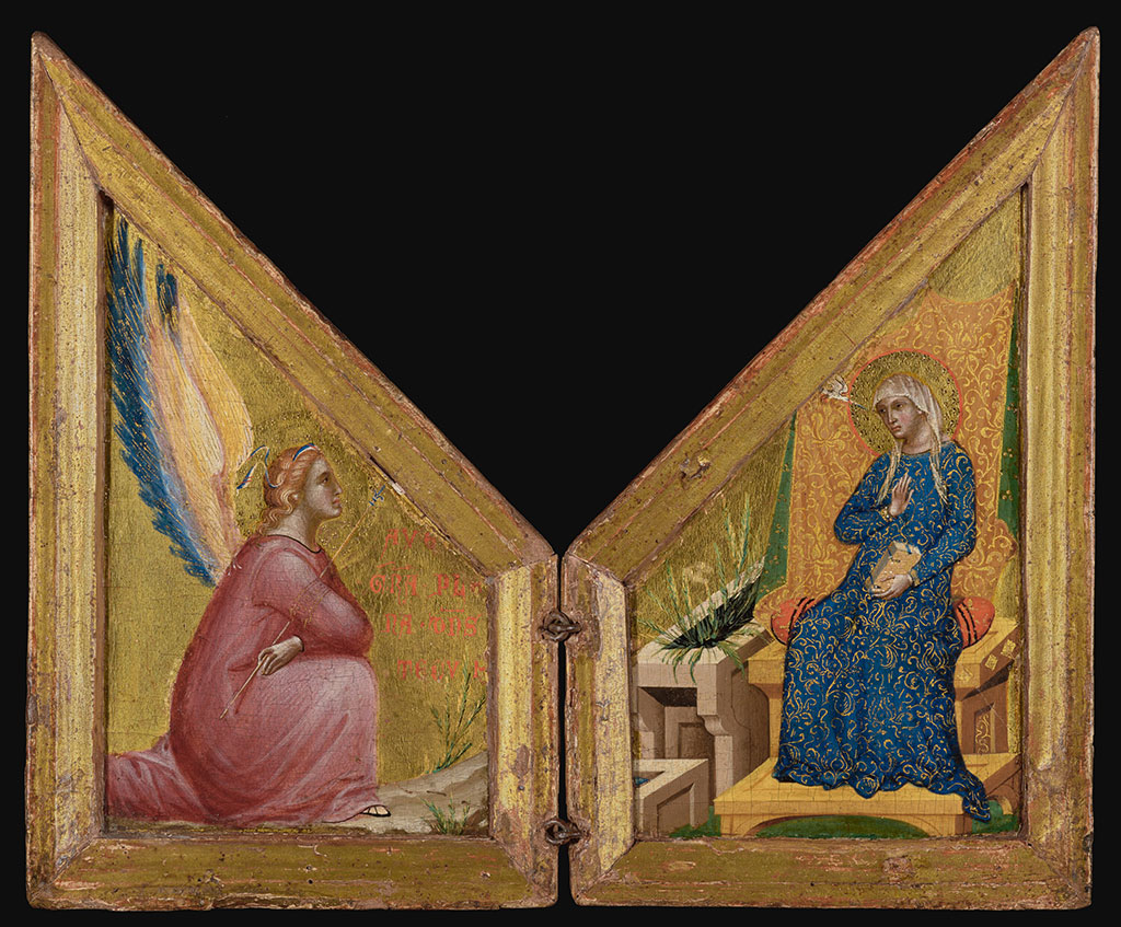 A two sided altarpiece painting shows an angel kneeling on on one side and a Madonna on the right hand side.