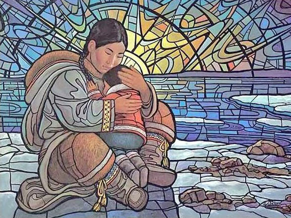 A stained-glass style illustration of an Inuit mother cradling an infant with a halo-like background.