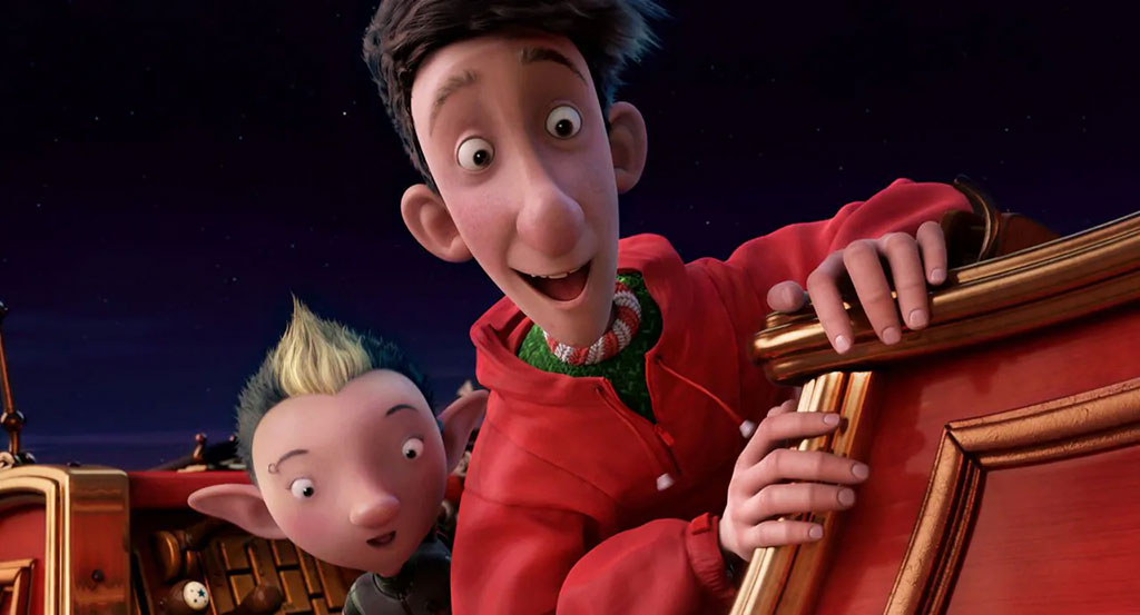 An animated scene shows a man in a Christmas jumper and a child look around a corner into something and be delighted