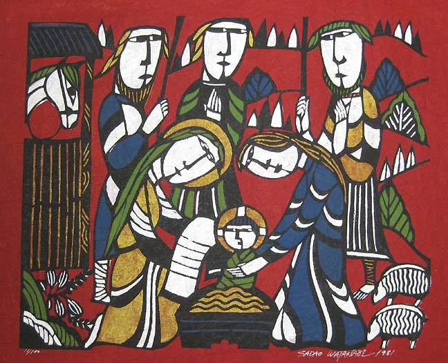 A nativity seen against a red background