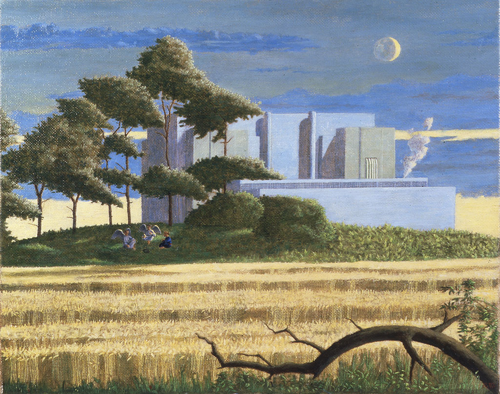 An angelic figure meets a human above a cornfield beyond which is a power station.