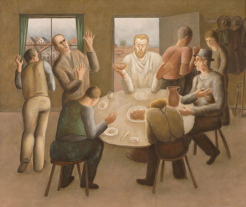 A painting depicts a round table in a room. Those sitting around it rise up as a Christ figure enters.