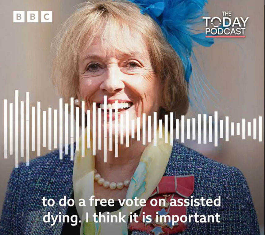 An image of a woman wearing formal clothing is overlaid by a BBC logo, a programme logo, a sound wave illustration and a caption.