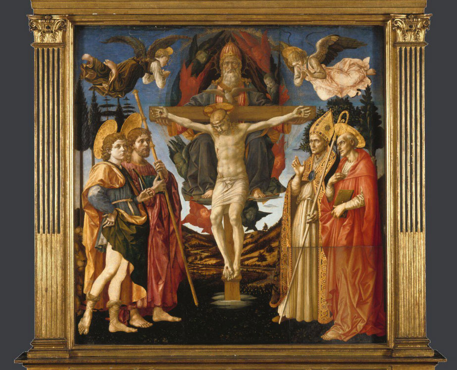 A painted altarpiece depicts a crucified Christ surrounded by followes, angels and soldiers.