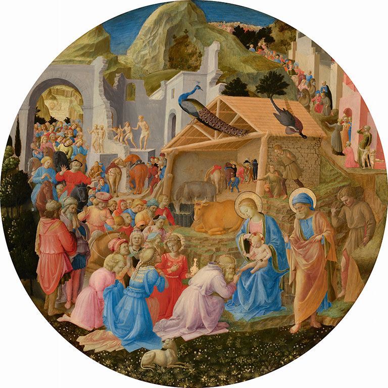 A round nativity scene depicts a procession of visitors including the Three Kings.