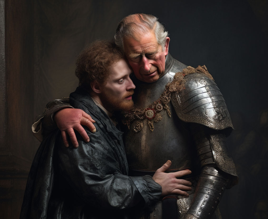 In the style of a Rembrandt painting Prince Harry embraces his father King Charles.