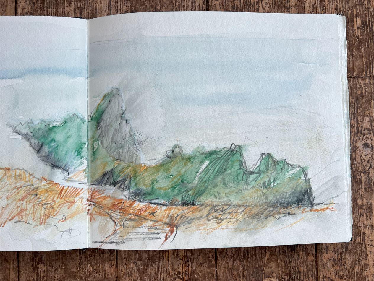 A sketchbook line and watercolour image.