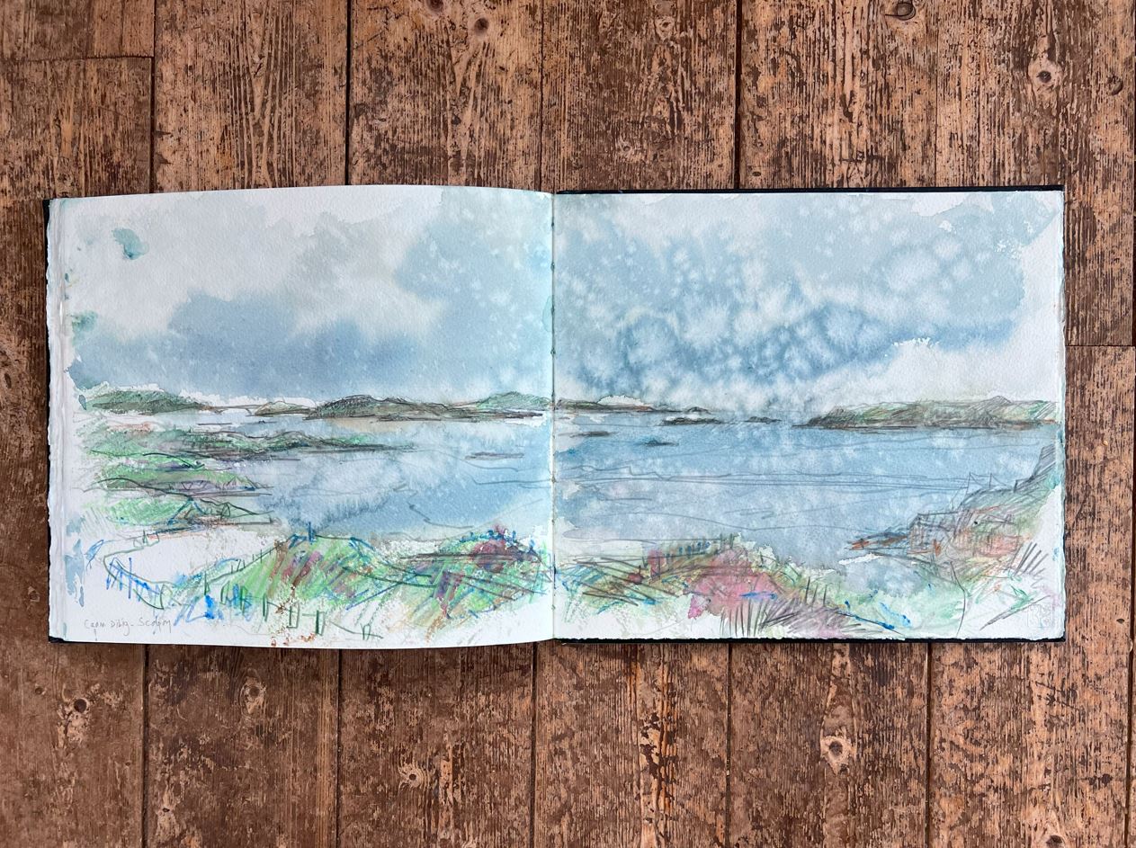 A sketchbook line and watercolour image.