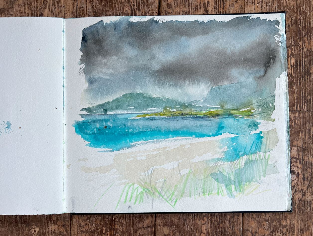 A sketchbook line and watercolour image.