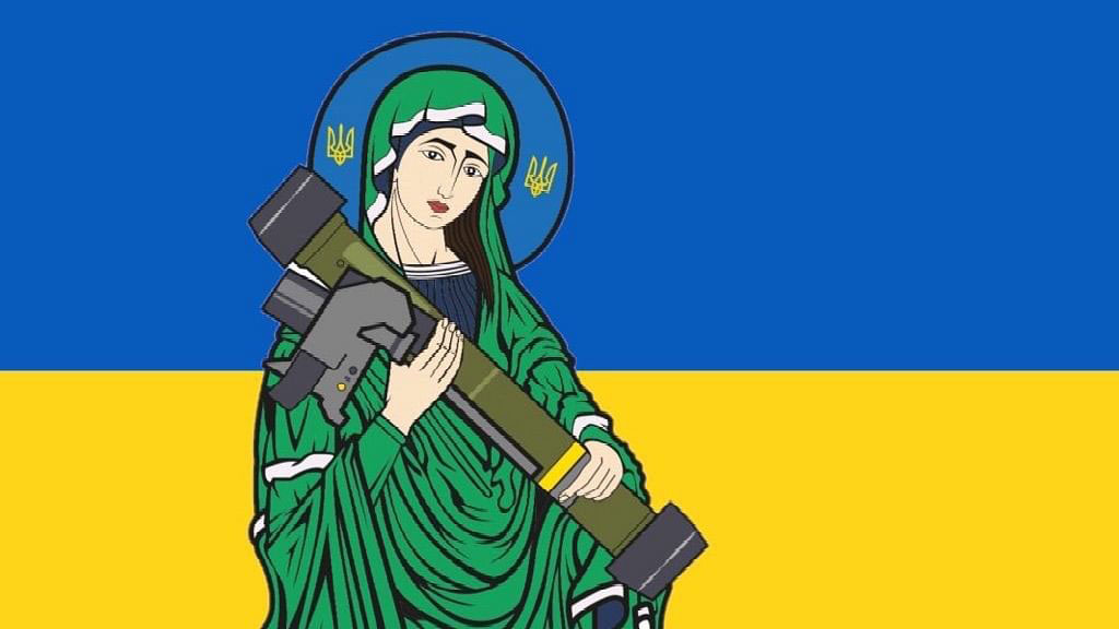 A cartoon female saint cradles a portable missile launcher against the backdrop of a Ukrainian flag.
