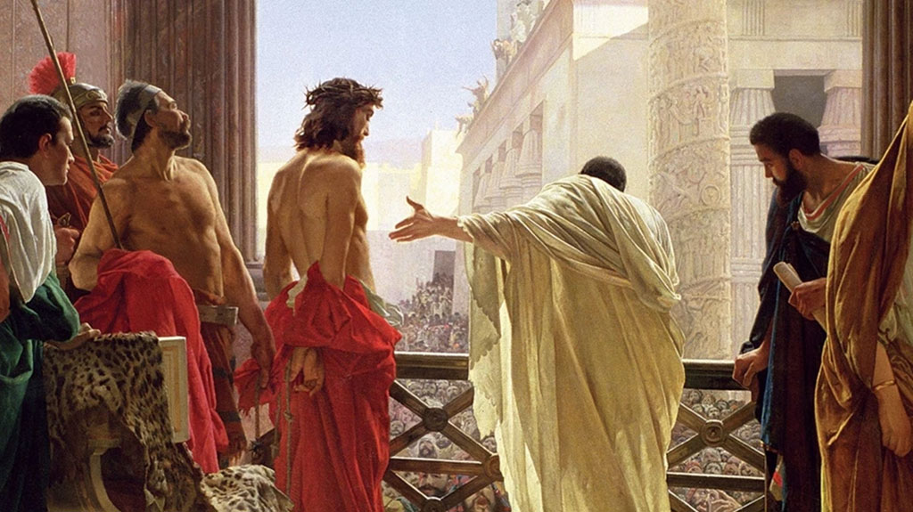 A balcony scene viewed behind shows a Roman ruler leaning over a balcony to the crowd while gesturing to a semi-naked Christ.