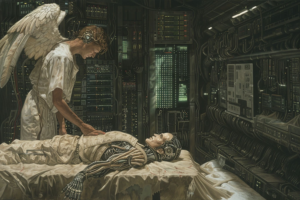 An angel of death lays a hand of a humanioid robot that has died amid a data centre