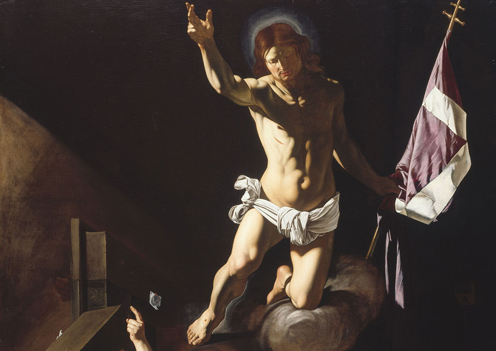 A fine art painting depicts a risen Jesus hold a flag in one hand and raising his other hand above his head, against a dark background